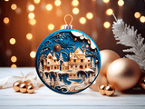 Decorative Christmas ornament with a village scene on a wooden surface with gold ornaments and blurred lights in the background.