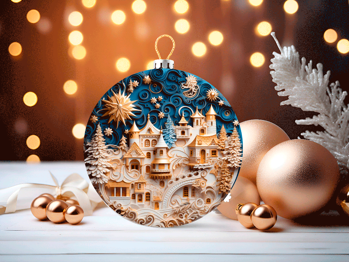 Decorative Christmas ornament with intricate design on a blurred lights background