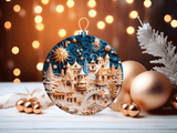 Decorative Christmas ornament with intricate design on a blurred lights background