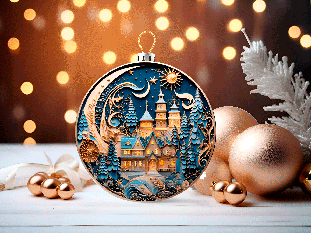 Decorative Christmas ornament with a castle design on a wooden surface with gold ornaments and blurred lights in the background.