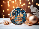 Decorative Christmas ornament with a castle design on a wooden surface with gold ornaments and blurred lights in the background.