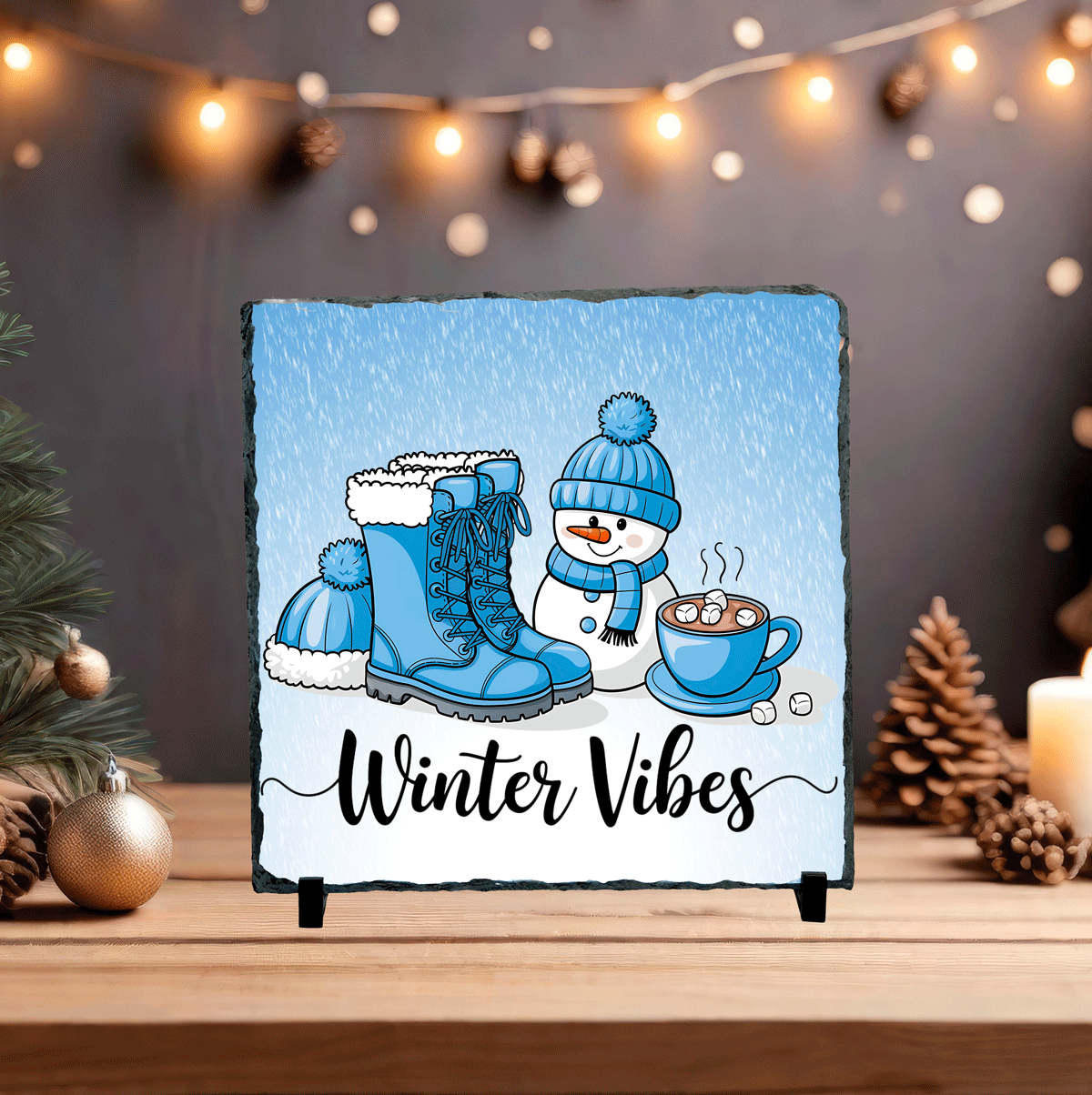 Winter Vibes Snowman  Christmas Sublimated Square Photo Slate