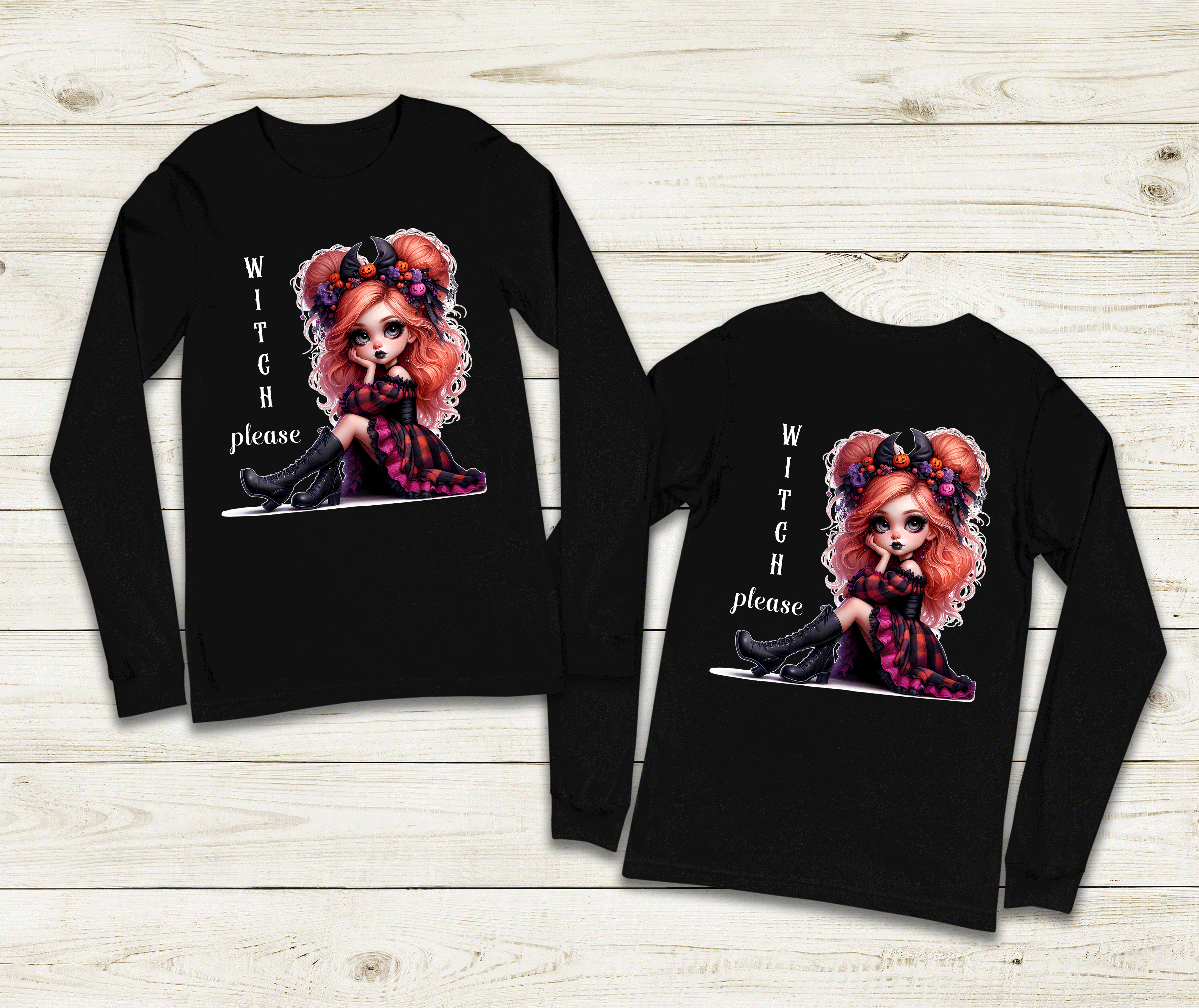 Black long-sleeve shirts with a witch graphic and 'Witch please' text on a wooden surface