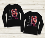 Black long-sleeve shirts with a witch graphic and 'Witch please' text on a wooden surface