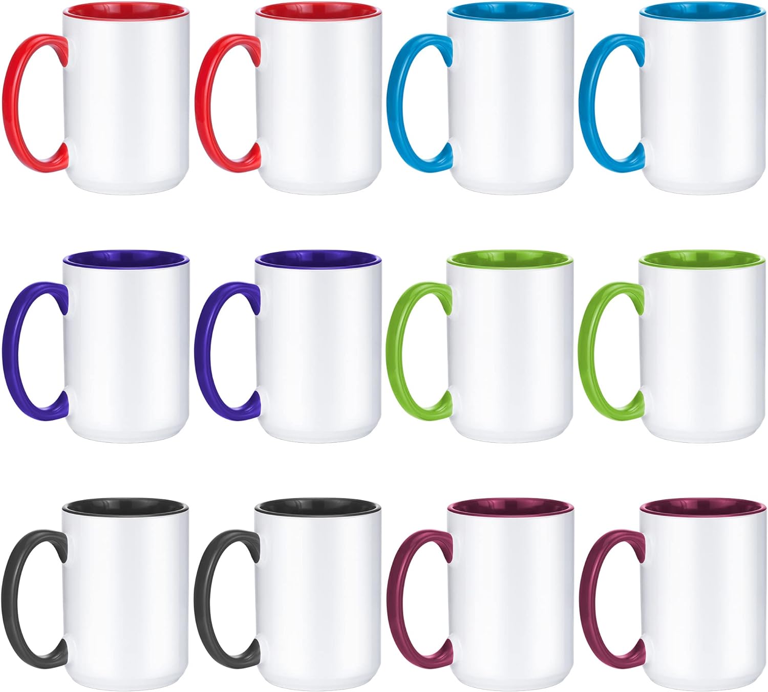 Set of two-tone mugs with colored handles on a white background